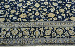Full view of 1970s Kashan rug from Iran / Persia, 403 × 303 cm in Blue tones