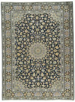 Full view of 2000s Kashan rug from Iran / Persia, 397 × 297 cm in Blue tones