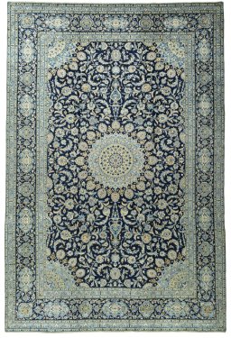 Full view of 2000s Kashan rug from Iran / Persia, 417 × 280 cm in Blue tones