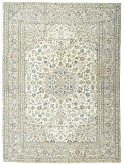 Full view of 2000s Kashan rug from Iran / Persia, 400 × 293 cm in Beige tones