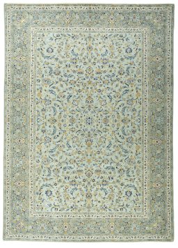 Full view of 2000s Kashan rug from Iran / Persia, 387 × 276 cm in Green tones