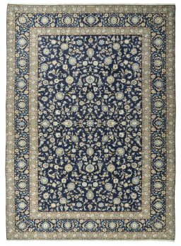 Full view of 2000s Kashan rug from Iran / Persia, 425 × 310 cm in Blue tones