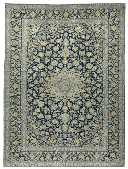Full view of 1970s Kashan rug from Iran / Persia, 393 × 294 cm in Blue tones