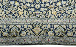 Full view of 1970s Kashan rug from Iran / Persia, 393 × 294 cm in Blue tones