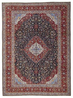 Full view of 2000s Kashan rug from Iran / Persia, 412 × 306 cm in Blue tones