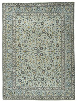 Full view of 2000s Kashan rug from Iran / Persia, 415 × 310 cm in Green tones