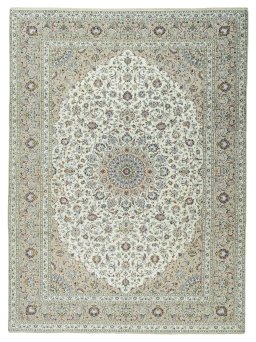 Full view of 2000s Kashan rug from Iran / Persia, 402 × 298 cm in Beige tones