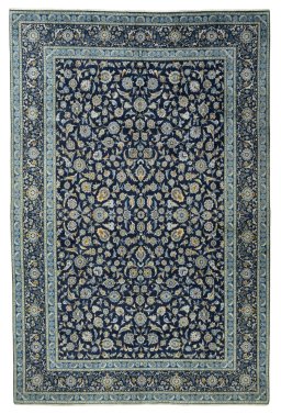 Full view of 2000s Kashan rug from Iran / Persia, 488 × 324 cm in Blue tones