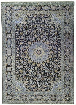 Full view of 2000s Kashan rug from Iran / Persia, 417 × 295 cm in Blue tones