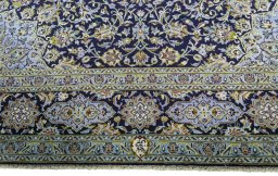 Full view of 2000s Kashan rug from Iran / Persia, 417 × 295 cm in Blue tones