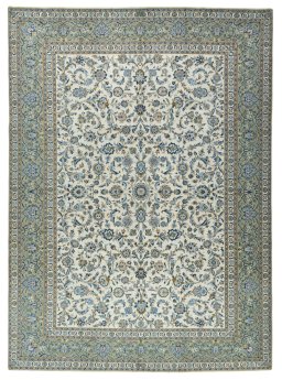 Full view of 2000s Kashan rug from Iran / Persia, 410 × 298 cm in Beige tones