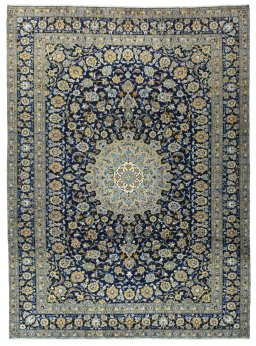 Full view of 1970s Kashan rug from Iran / Persia, 360 × 262 cm in Blue tones