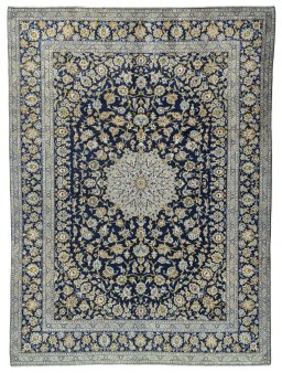 Full view of 2000s Kashan rug from Iran / Persia, 412 × 305 cm in Blue tones
