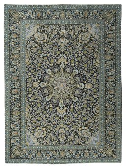 Full view of 2000s Kashan rug from Iran / Persia, 405 × 297 cm in Blue tones