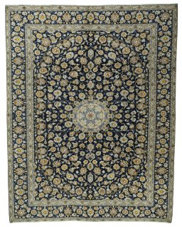 Full view of 2000s Kashan rug from Iran / Persia, 391 × 307 cm in Blue tones