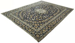 Corner detail of 2000s Kashan rug showing border pattern and Wool pile
