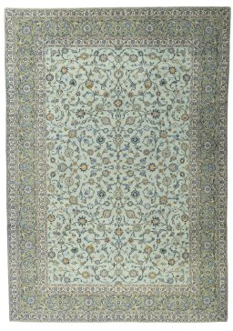 Full view of 1970s Kashan rug from Iran / Persia, 424 × 300 cm in Green tones