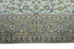 Full view of 1970s Kashan rug from Iran / Persia, 424 × 300 cm in Green tones