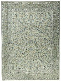 Full view of 1970s Kashan rug from Iran / Persia, 392 × 293 cm in Green tones