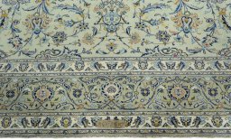 Full view of 1970s Kashan rug from Iran / Persia, 392 × 293 cm in Green tones