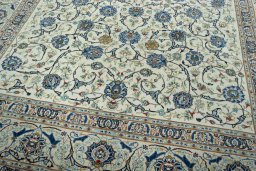 Close-up detail of 2000s Kashan rug from Iran / Persia showing Wool weave