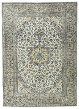 Full view of 2000s Kashan rug from Iran / Persia, 402 × 290 cm in Beige tones