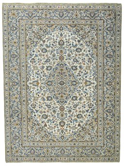 Full view of 2000s Kashan rug from Iran / Persia, 392 × 288 cm in Beige tones