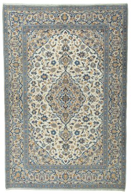 Full view of 2000s Kashan rug from Iran / Persia, 294 × 196 cm in Beige tones