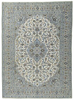 Full view of 2000s Kashan rug from Iran / Persia, 400 × 292 cm in Beige tones
