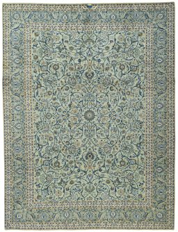Full view of 2000s Kashan rug from Iran / Persia, 422 × 323 cm in Green tones