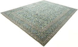 Corner detail of 2000s Kashan rug showing border pattern and Wool pile