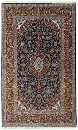 Full view of New Kashan rug from Iran / Persia, 234 × 143 cm in Blue tones