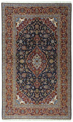 Full view of New Kashan rug from Iran / Persia, 235 × 142 cm in Blue tones