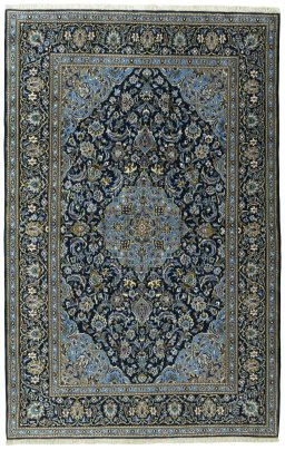 Full view of New Kashan rug from Iran / Persia, 224 × 145 cm in Blue tones
