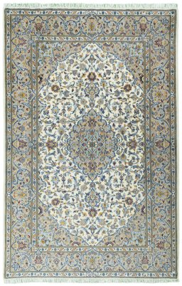 Full view of New Kashan rug from Iran / Persia, 217 × 141 cm in Beige tones