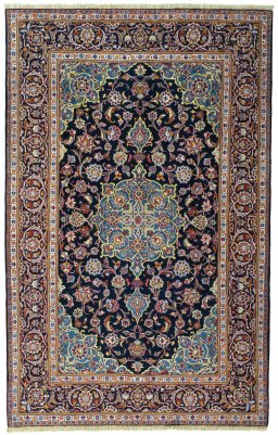 Full view of New Kashan rug from Iran / Persia, 221 × 142 cm in Blue tones