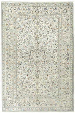 Full view of 2000s Kashan rug from Iran / Persia, 300 × 202 cm in Beige tones