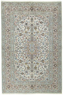 Full view of New Kashan rug from Iran / Persia, 300 × 201 cm in Beige tones
