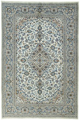 Full view of 2000s Kashan rug from Iran / Persia, 295 × 198 cm in Beige tones
