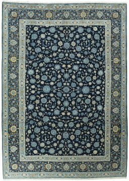 Full view of 1970s Kashan rug from Iran / Persia, 363 × 262 cm in Blue tones