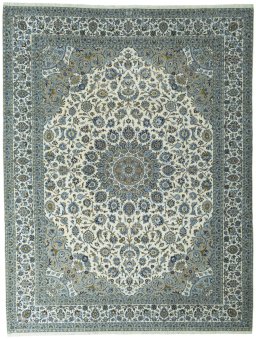 Full view of New Kashan rug from Iran / Persia, 405 × 313 cm in Beige tones