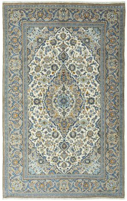 Full view of 2000s Kashan rug from Iran / Persia, 315 × 197 cm in Beige tones