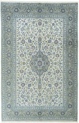 Full view of 2000s Kashan rug from Iran / Persia, 306 × 202 cm in Beige tones