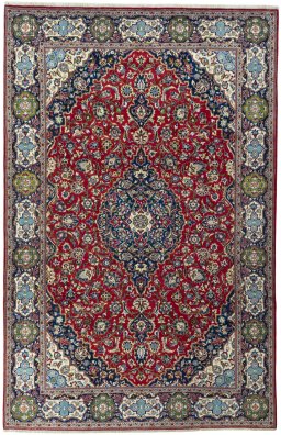 Full view of 2000s Kashan rug from Iran / Persia, 386 × 250 cm in Red tones