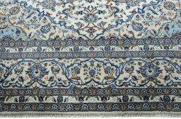 Full view of New Kashan rug from Iran / Persia, 355 × 253 cm in Beige tones