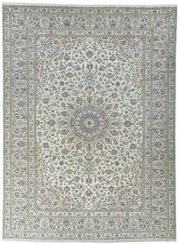 Full view of 2000s Kashan rug from Iran / Persia, 402 × 297 cm in Beige tones