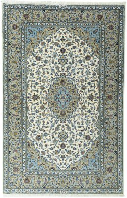 Full view of New Kashan rug from Iran / Persia, 227 × 145 cm in Beige tones