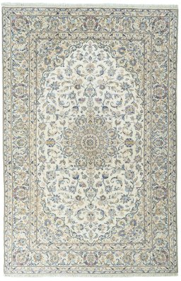 Full view of New Kashan rug from Iran / Persia, 296 × 195 cm in Beige tones