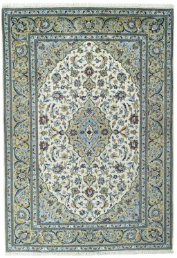 Full view of New Kashan rug from Iran / Persia, 206 × 142 cm in Beige tones
