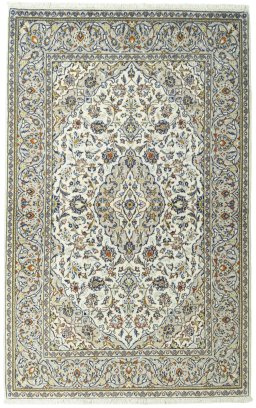 Full view of 1970s Kashan rug from Iran / Persia, 221 × 140 cm in Beige tones